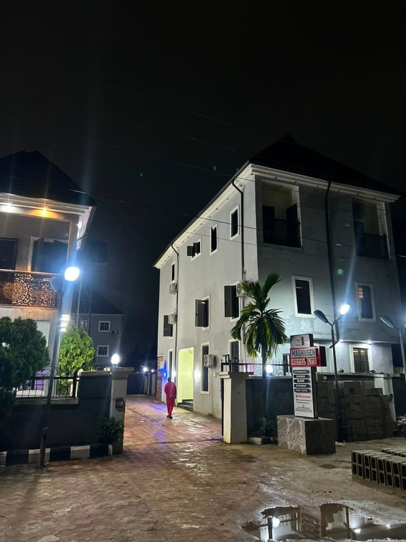Front view of the hotel at night